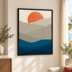 Grey & Blue Mountains With Sea Over Orange Sun | Abstract Office Artwork #0080