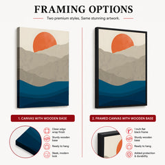 Grey & Blue Mountains With Sea Over Orange Sun | Abstract Office Artwork #0080