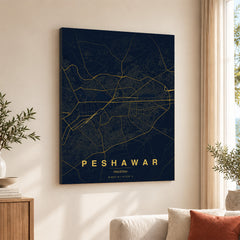 Peshawar Navy & Gold Map - Minimalist City Map Series | Signature Artwork #00805