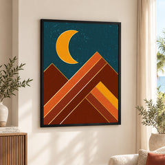 Colorful Abstract Art With Golden Moon Over Blue Background | Abstract Office Artwork #0083