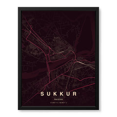 Sukkur Burgundy & Pink Map - Minimalist City Map Series | Signature Artwork #00845