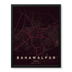 Bahawalpur Burgundy & Pink Map - Minimalist City Map Series | Signature Artwork #00846