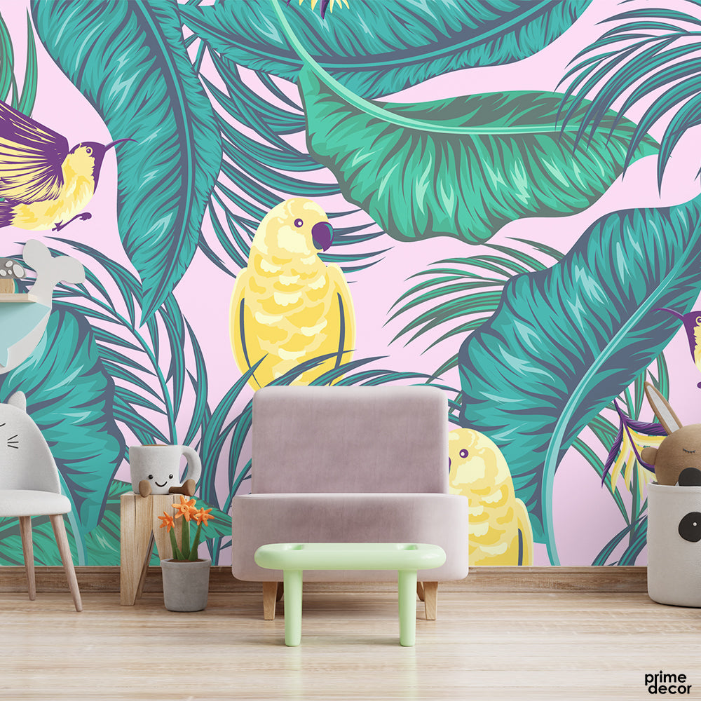 Tropical Leaves Exotic Birds Background | Floral Wallpaper Mural - Prime Décor