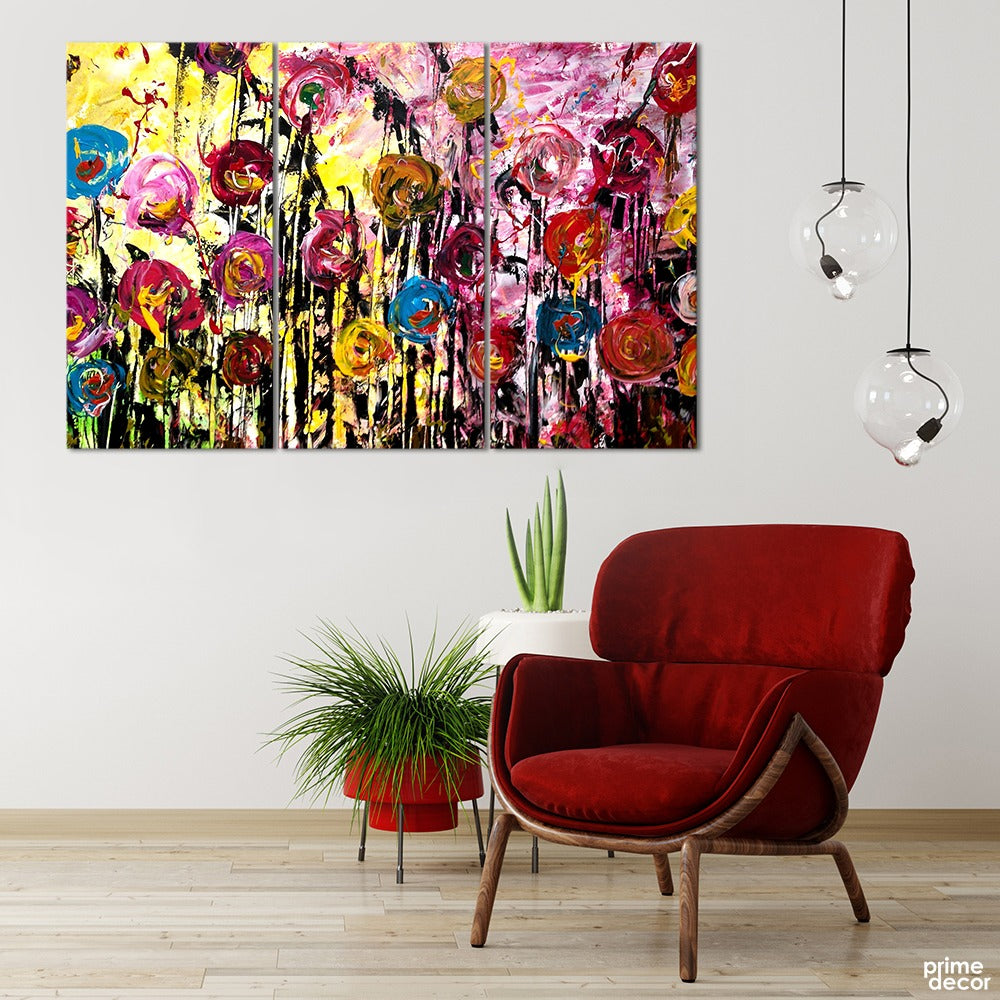 Colorful Abstract Strokes Floral Swirls (3 Panel) Abstract Wall Art - Prime Décor