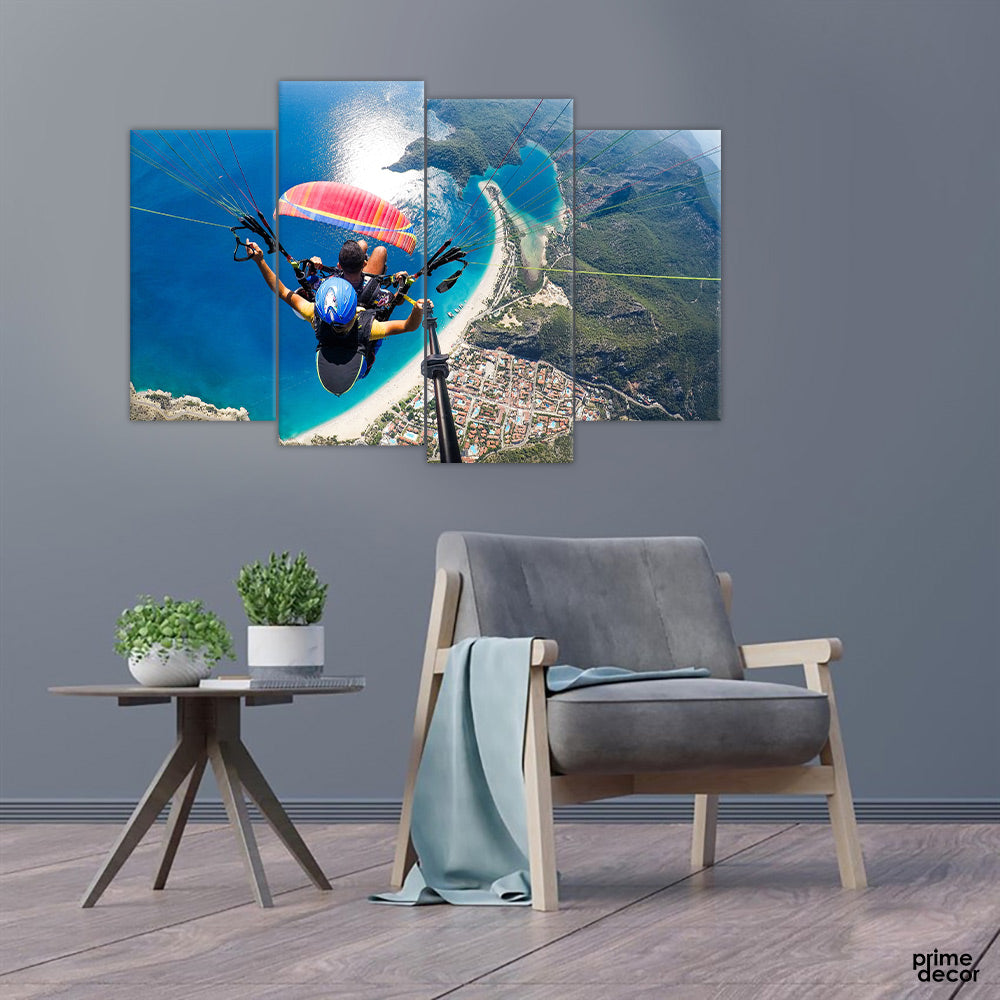 Man Riding on Parachute (4 Panel) Adventure Wall Art - Prime Décor