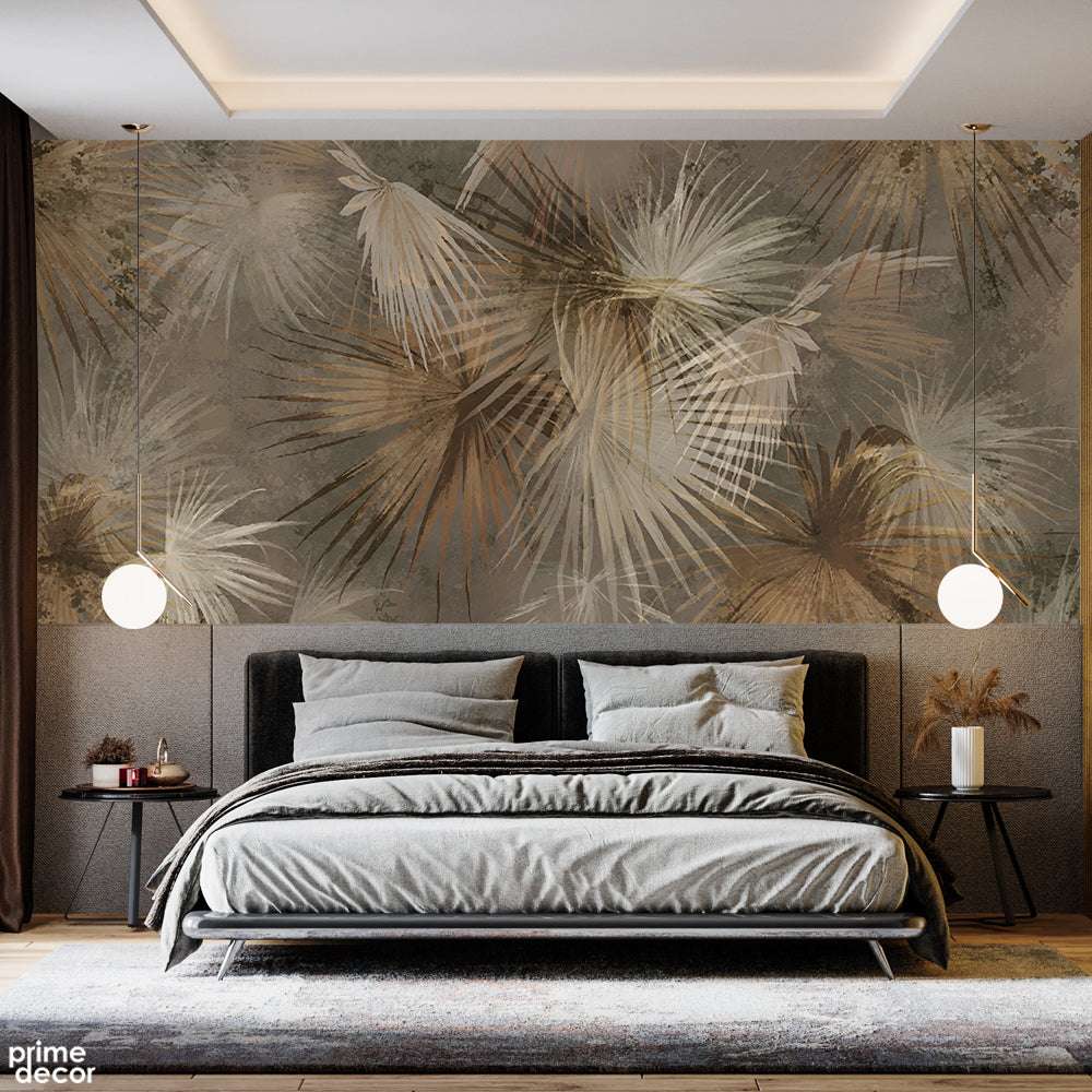 Beautiful Exotic Leaves Artwork Over 90's Style Background | Floral Wallpaper Mural