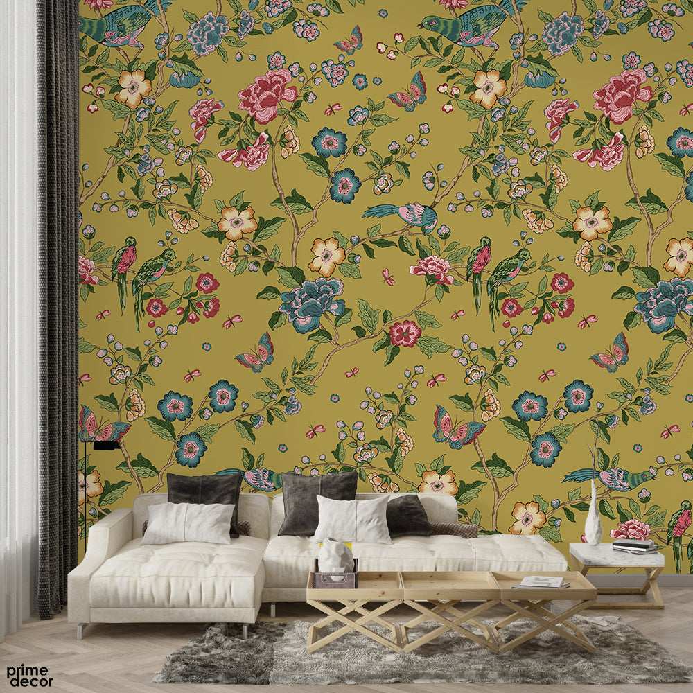 Beautiful Birds With Flowers Artwork Over Mustard Background | Floral Wallpaper Mural