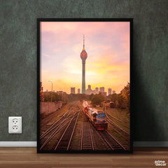 Vintage Train In Modern Architectural Landscape (Single Panel) Poster Wall Art