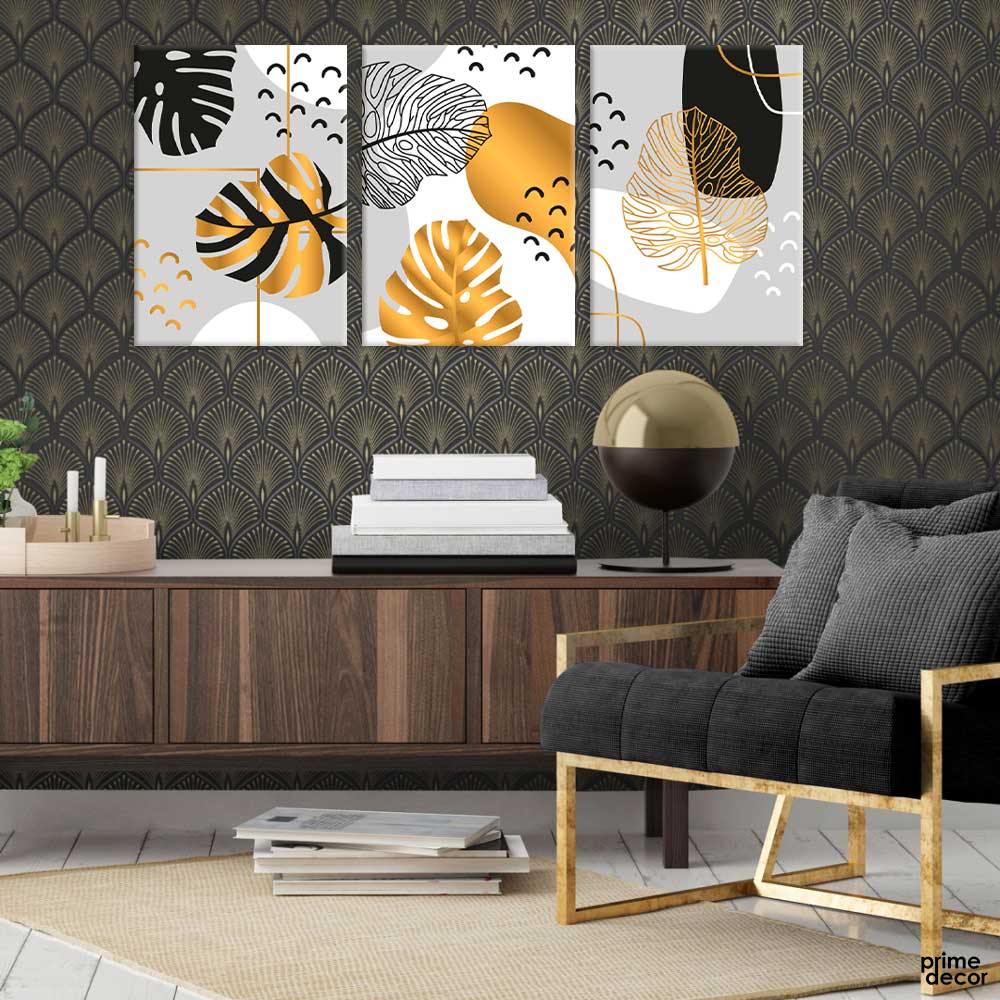 Gold & Black Botanical Cover (3 Panel) Nordic Wall Art - Prime Décor