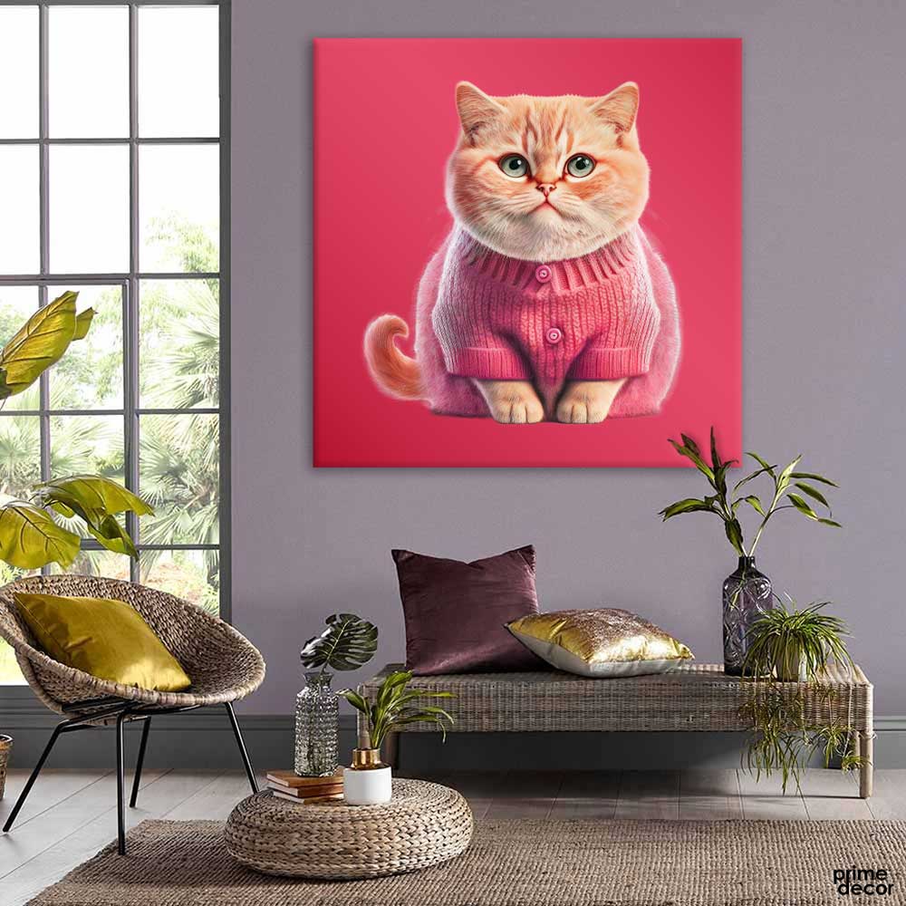 Kitten Wearing a Pink Sweater (Single Panel) Square Wall Art - Prime Décor