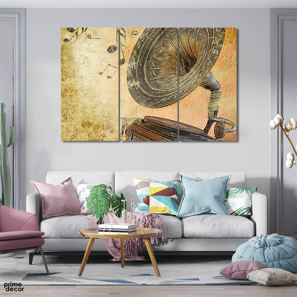 Vintage Gramophone (3 Panel) Music Wall Art - Prime Décor