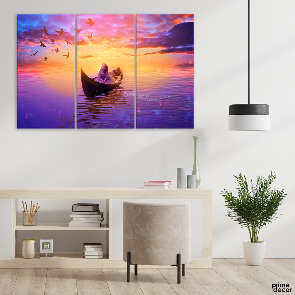 Girl on Boat on a Fantasy Lake (3 Panel) Fantasy Wall Art On Sale - Prime Décor