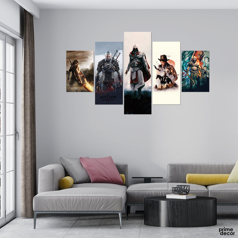 Gaming Characters in Action (5 Panel) Game Wall Art On Sale - Prime Décor