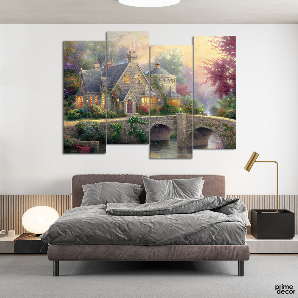 The Golden Lighted House (4 Panel) Oil Paint Wall Art - Prime Décor
