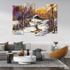 Small Hut In The Snow (4 Panel) Oil Paint Wall Art - Prime Décor