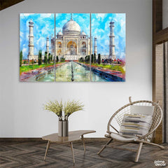 Taj Mahal Watercolor Painting (3 Panel) | Architect Wall Art - Prime Décor