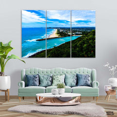 Blue Ocean Near Trees and Mountains (3 Panel) Nature Wall Art - Prime Décor