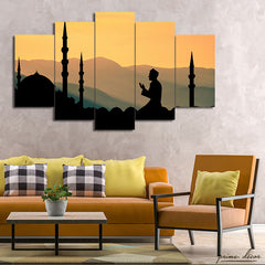 Blue Mosque Silhouette (5 Panel) Islamic Wall Art - Prime Décor