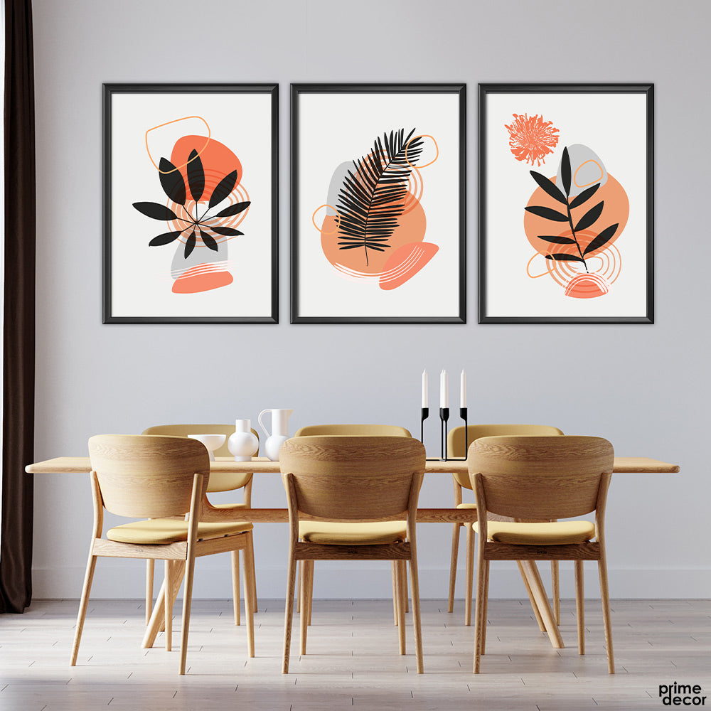 Boho Leaves in Orange (3 Panel) Nordic Wall Art - Prime Décor