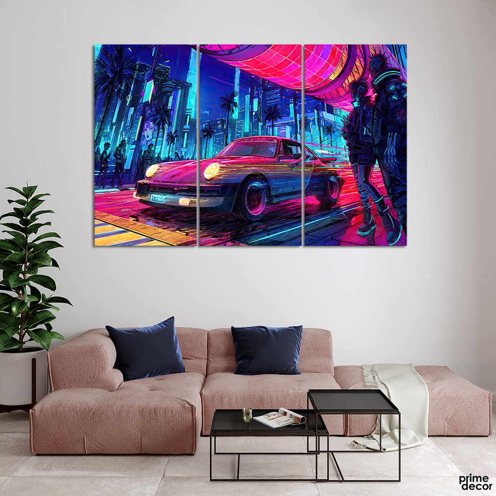 Cyber-Punk Pink Porsche (3 Panel) Cars Wall Art - Prime Décor