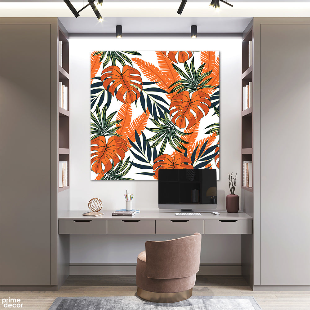 Bright Orange Tropical Leaves on White Background (Single Panel) Square Wall Art - Prime Décor