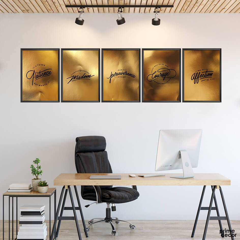 Golden Foil Motivational Quotes (5 Panel) Office Wall Art - Prime Décor
