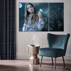 Young Girl Contemplating an Hourglass in the Moonlight (3 Panel) Nature Wall Art - Prime Décor