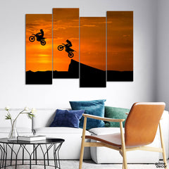 Bikers on Cliff Silhouette (4 Panel) Sports Wall Art - Prime Décor