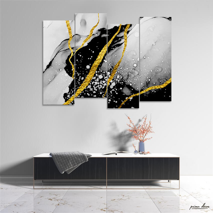 Black & Gold Marble Splash (4 Panel) Abstract Wall Art - Prime Décor