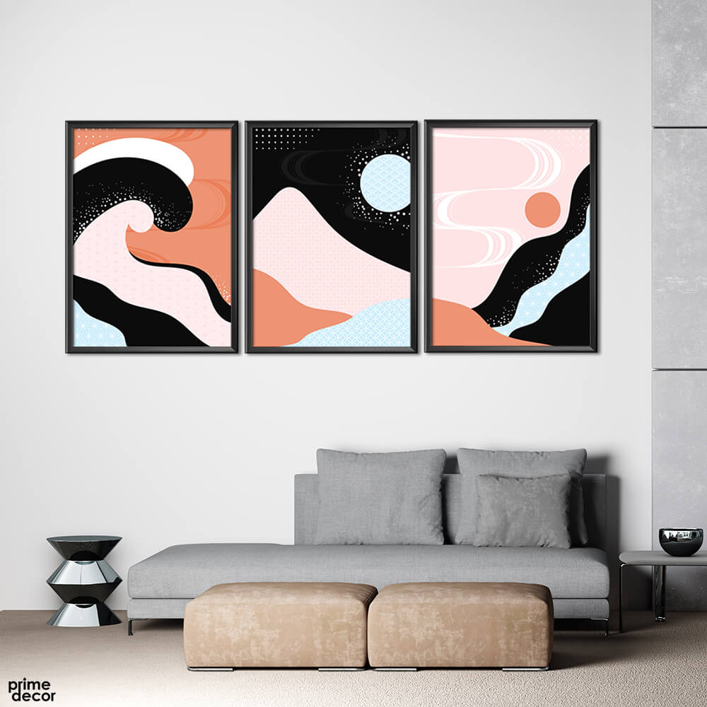 Black & Pink Minimal Waves (3 Panel) Digital Wall Art - Prime Décor
