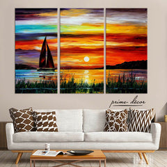 Boat At Sunset (3 Panel) Digital Painting Wall Art - Prime Décor