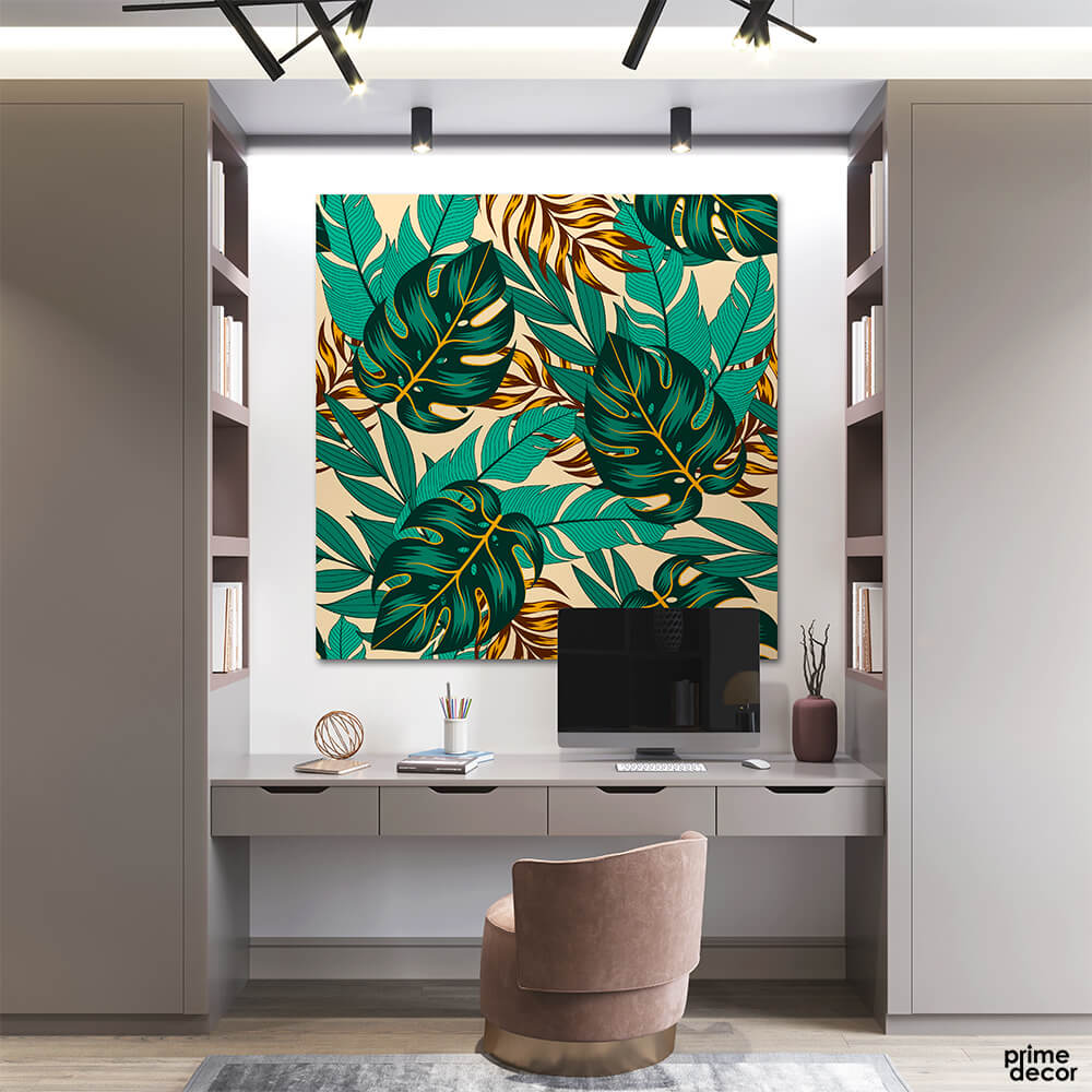 Botanical Pattern Seamless Leaves on Beige Background (Single Panel) Square Wall Art - Prime Décor