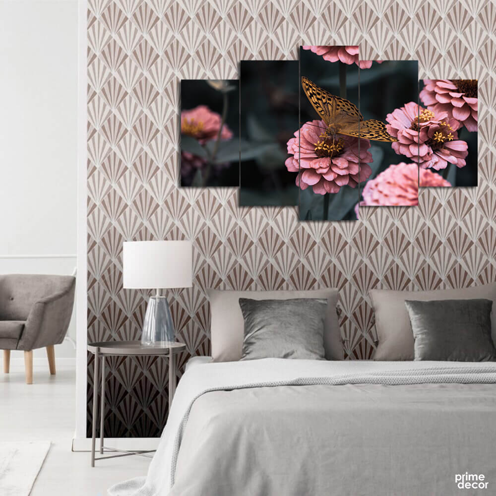Butterfly in Pink Flowers (5 Panel) Nature Wall Art - Prime Décor