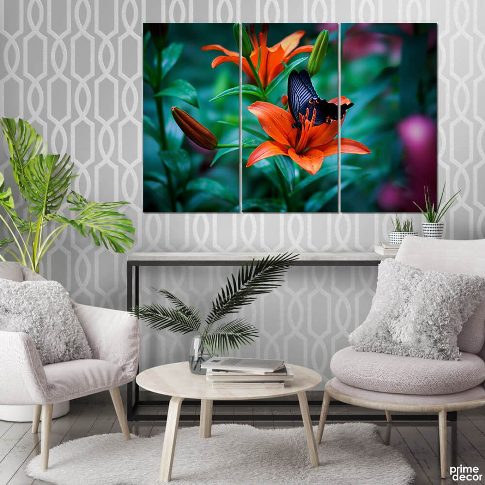 Butterfly on Orange Flowers Macro (3 Panel) Nature Wall Art - Prime Décor