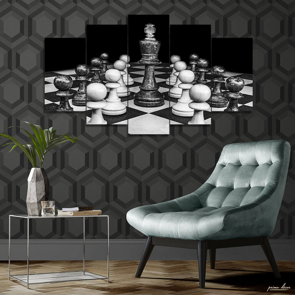 Chess Master Monochrome (5 Panel) Sports Wall Art - Prime Décor
