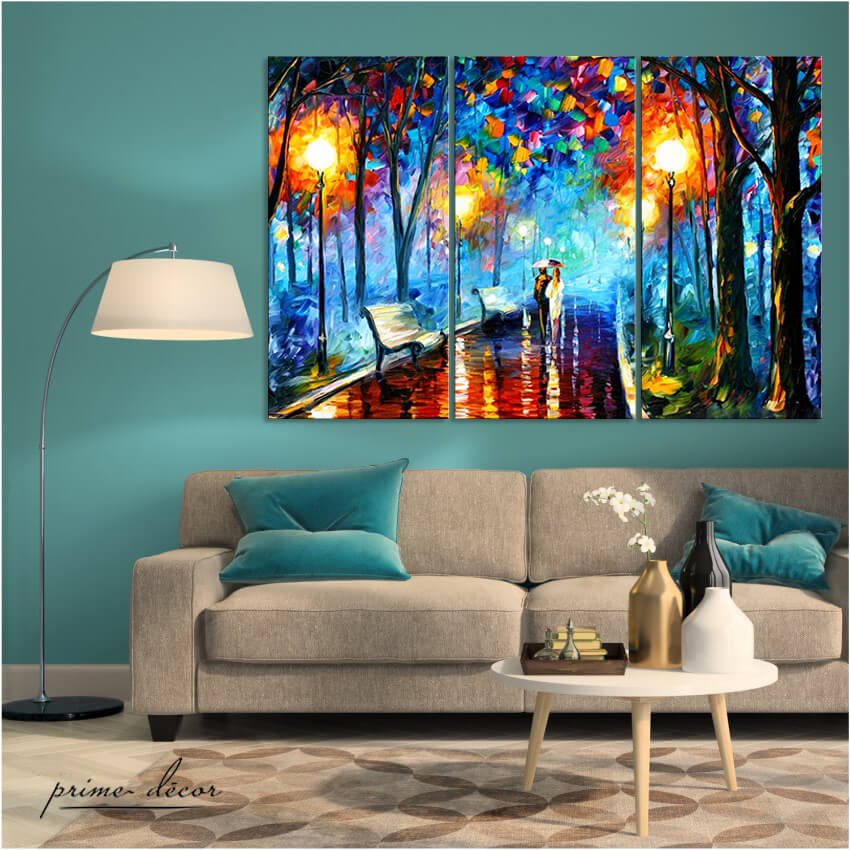 Couple In Rain (3 Panel) Digital Painting Wall Art - Prime Décor