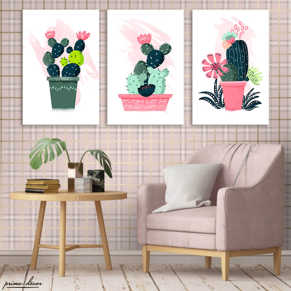 Cute Cactus Plant Potted (3 Panel) Nordic Wall Art - Prime Décor
