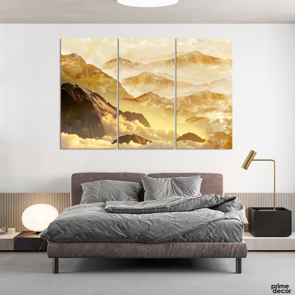 Deep Yellow Mountains within the Clouds (3 Panel) Landscape Wall Art - Prime Décor