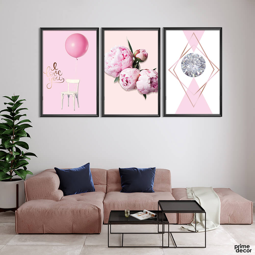 Diamond with Pink Balloon & Flowers (3 Panel) Family Wall Art - Prime Décor
