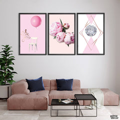 Diamond with Pink Balloon & Flowers (3 Panel) Family Wall Art - Prime Décor