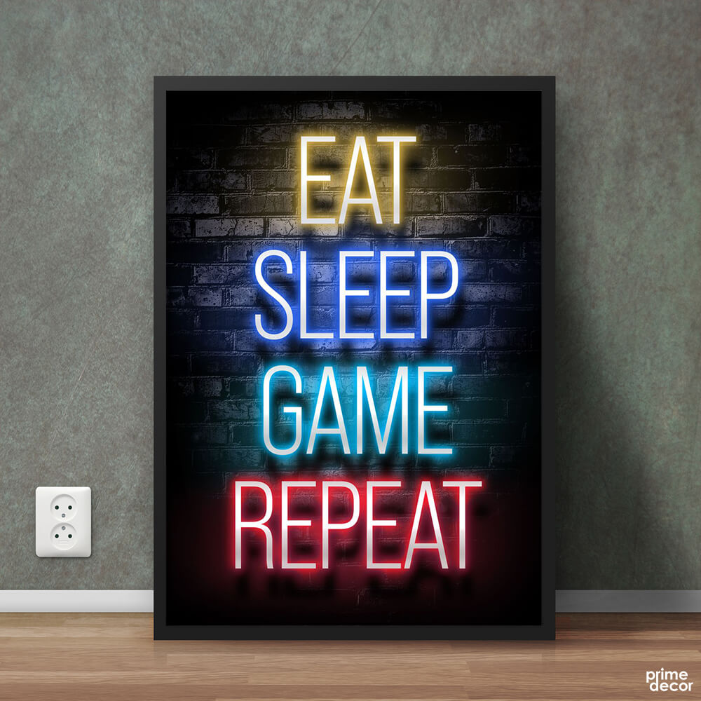 Eat Sleep Game Repeat Neon | Game Poster Wall Art On Sale - Prime Décor