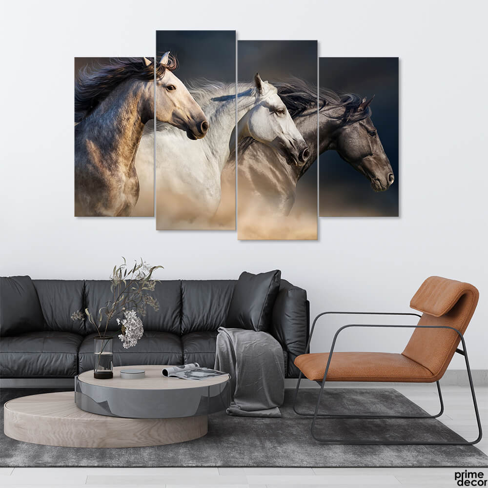 Elegant Horses Running in Wind (4 Panel) Animal Wall Art On Sale - Prime Décor