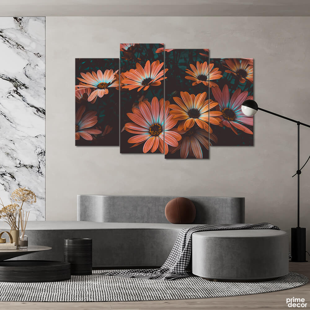 Elegant Orange Flowers (4 Panel) Floral Wall Art - Prime Décor