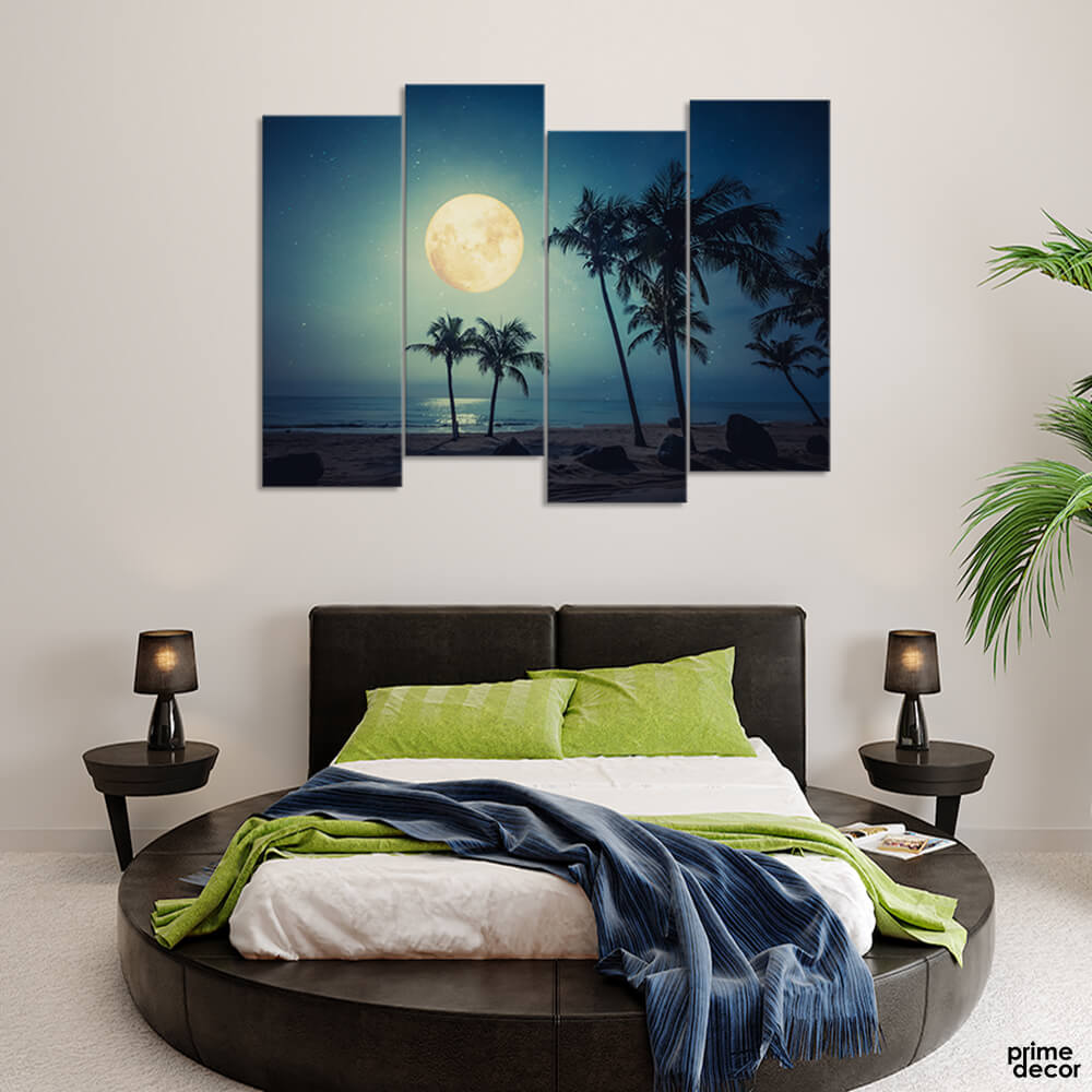 Full Moon on Tropical Beach (4 Panel) Landscape Wall Art - Prime Décor