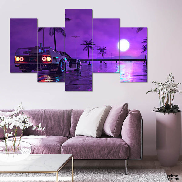 GTA Vice City Purple Neon Sunset (5 Panel) Game Wall Art - Prime Décor