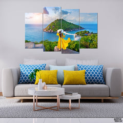 Girl on the Island in Yellow Dress (4 Panel) Landscape Wall Art - Prime Décor