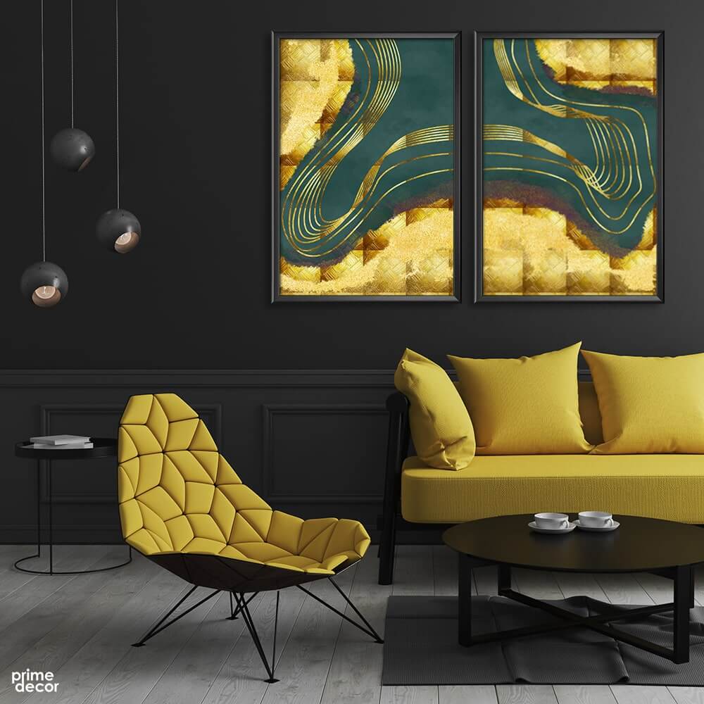 Green Abstract With Golden Foil Swirls (2 Panel) Nordic Wall Art - Prime Décor