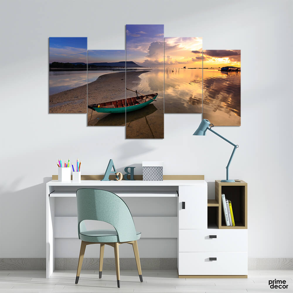 Green Boat At Sea Shore Sunset (5 Panel) Landscape Wall Art - Prime Décor