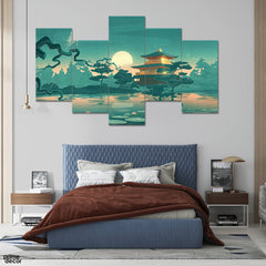 Green Chinese Style Hut (5 Panel) Digital Wall Art - Prime Décor