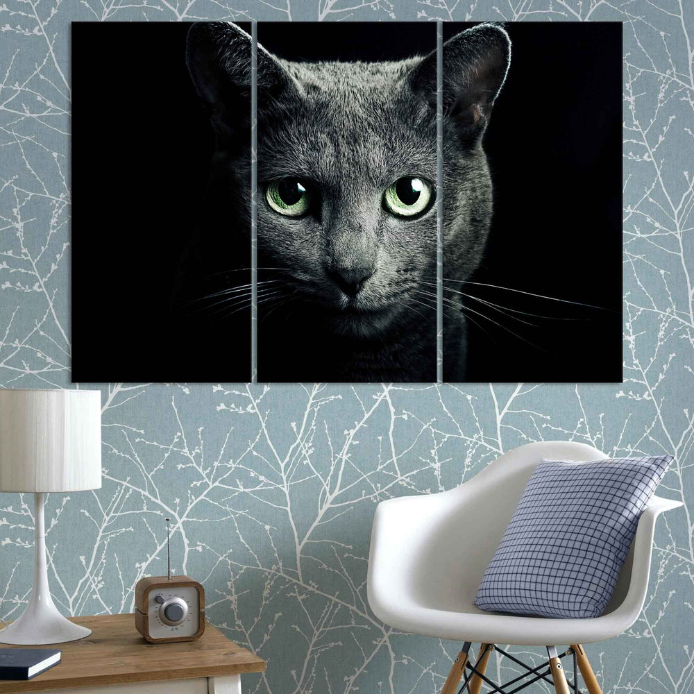 Green Eye Cat In Darkness (3 Panel) Wall Art - Prime Décor